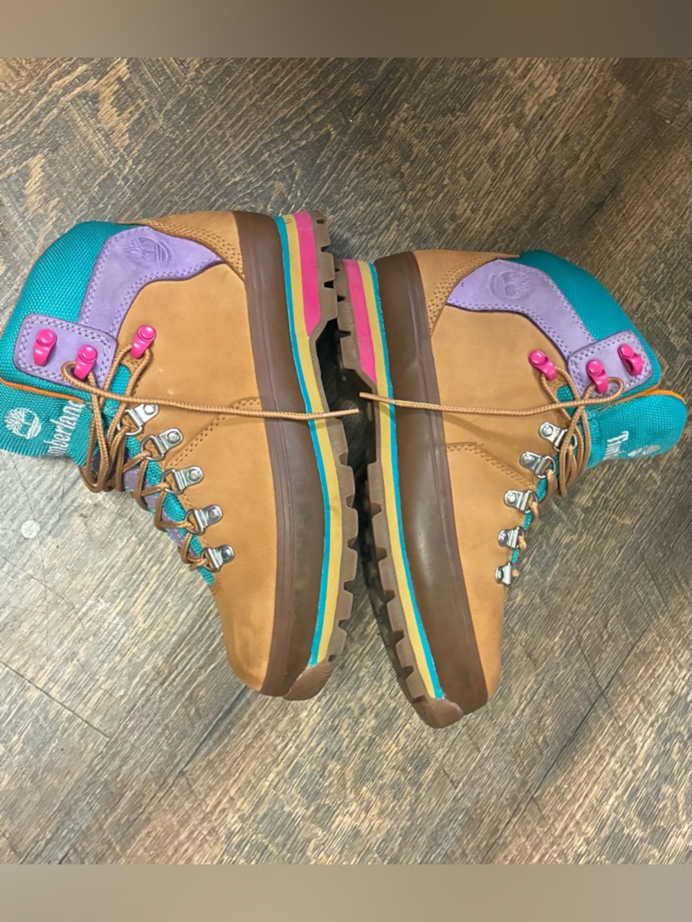 Timberland Women's Euro Hiker Mixed Media Boots Wheat Turquoise Purple Size 7 - Picture 6 of 8
